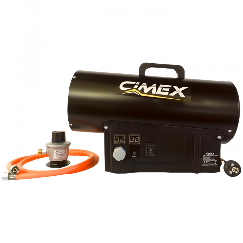 Gas heater 30.0kW, CIMEX LPG30-TC with a thermostat, pressure reducing valve, and hose.